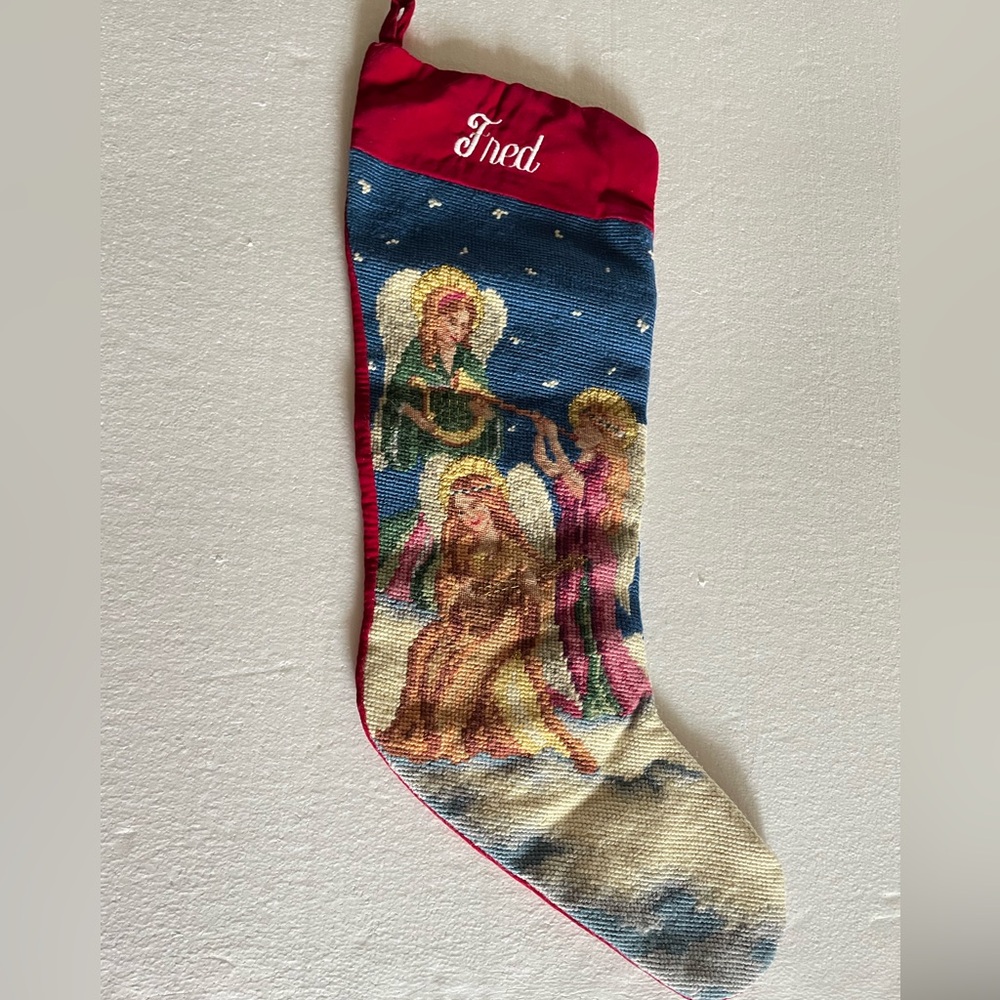 Lillian Vernon Needlepoint Wool Christmas Stocking Angels Monogram "Fred"